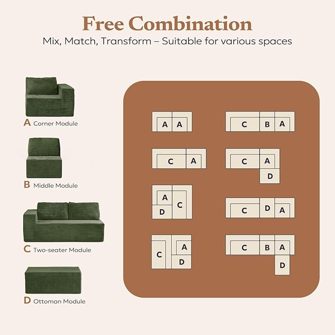 Furnify 106" 3-Seater Sofa, Cloud Modular Sofa with Certified Foam, Upholstered Floor Sofa with Deep Seat, Sofa for Bedroom Living Room, No Assembly Required (Green, Plush Corduroy Fabric)