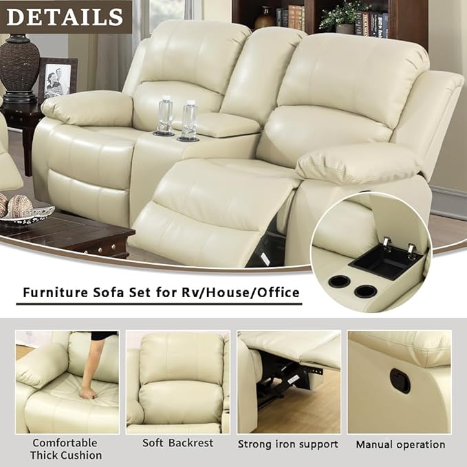 A Ainehome Living Room Furniture Set Leather Recliner Sofa Set Loveseat Chair Furniture Sofa Set for Living Room/Small Space/Rv/House/Office/Theater Seating (A-Beige Leather, Loveseat)