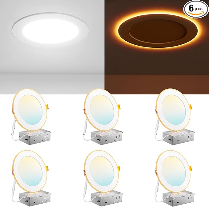 Amico 6 Pack 6 Inch 5CCT LED Recessed Ceiling Light with Night Light, 2700K/3000K/3500K/4000K/5000K Selectable Ultra-Thin ...