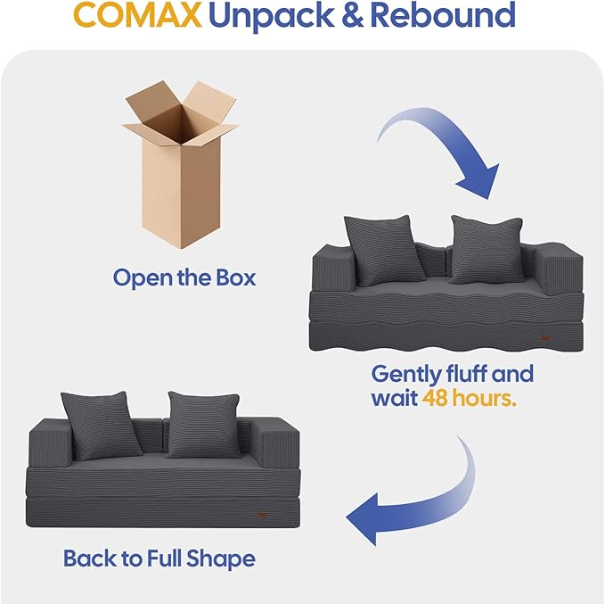 COMAX Futon Sofa Bed, 4‑in‑1 Convertible Sofa Bed, Folding Boneless Couches for Living Room, Fold Out Small Foldable Loveseat Floor Sleeper Comfy Mattress Lounge Space‑Saving, Grey