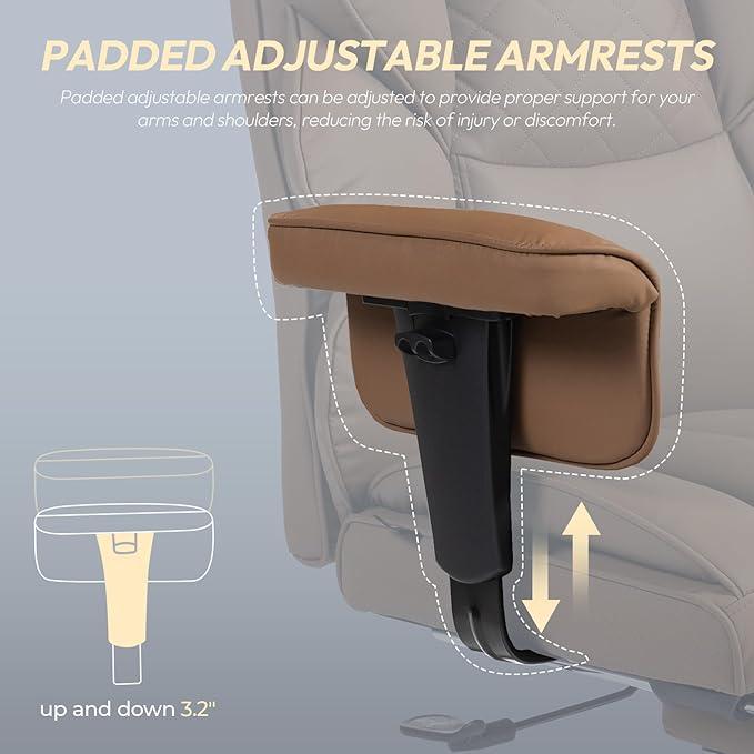 Dowinx Big and Tall Office Chair with Pocket Spring Cushion,High Back Computer Gaming Chairs with Adjustable Armrests,Executive Desk Chairs with Lumbar Support and Footrest,PU Leather-Brown