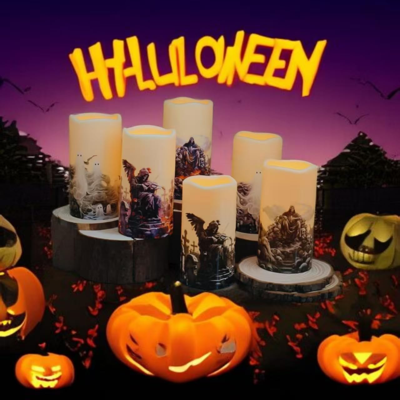 Gothic Style Weatherproof Fall Halloween Decorations LED Flameless Candles with Remote Control Timer Function 2AA Battery Operated, 3" Diameter5.7 Height, Outdoor/Indoor Use, Set of 6