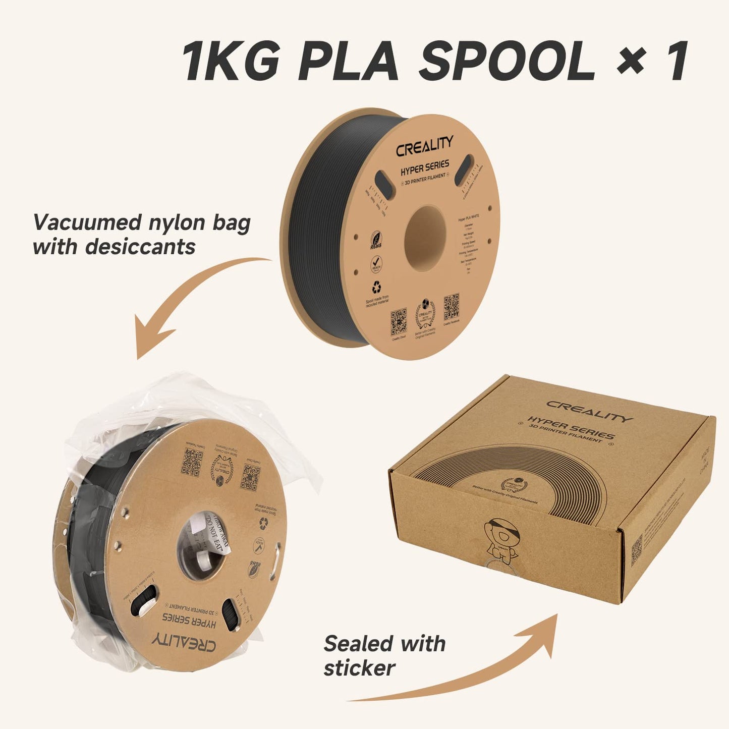 Official CREALITY Hyper PLA Filament 1.75mm, High Speed PLA 30-600mm/s Rapid 3D Printer Filament, Dimensional Accuracy +/-0.02mm, Fit Most FDM 3D Printers, 1KG(2.2lbs) Spool Black