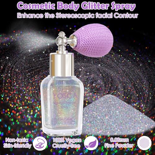 Yosca Body Glitter Spray, 30ML Loose Laser Body Shimmer Powder Holographic Hair Spray Silver Glitter Sparkle Highlighter M...