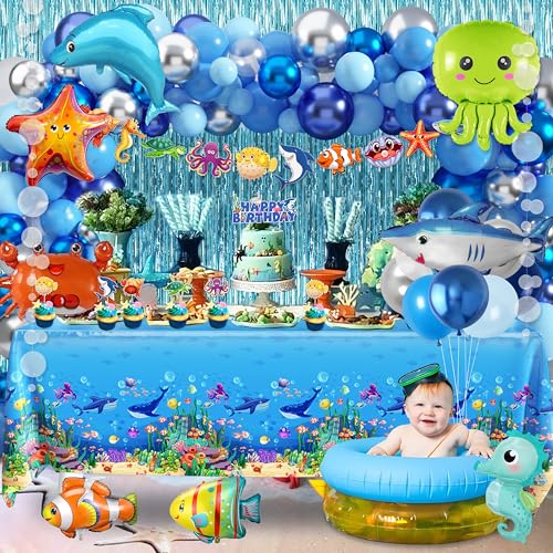 Under the Sea Party Decorations 98Pcs, Ocean Theme Birthday Party Supplies Include Backdrop Tablecloth Bubble Garlands Cak...