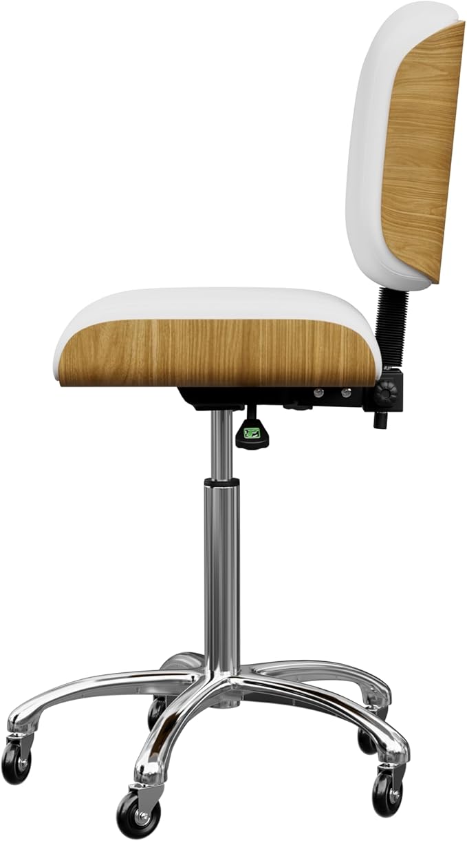 Spa Numa Bentley Beauty Esthetician Nail Salon Stool Rolling Chair with Adjustable Backrest, Flat Square Seat, Metal Bar, Vegan Leather Upholstery for Beauty Exam Office and Home - 1071 (White)