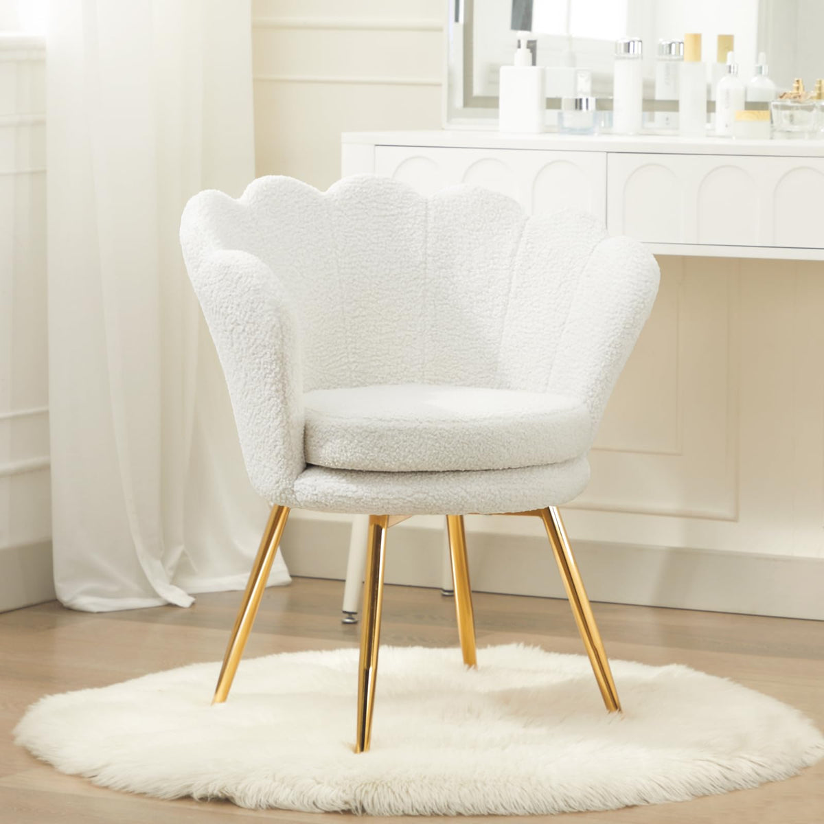 Czlolo Teddy Vanity Chair with Back, Mid-Century Modern Small Accent Chair for Living Room, Golden Metal Legs Upholstered Boucle Makeup Chair, 1Pcs Bedroom Armchair, White