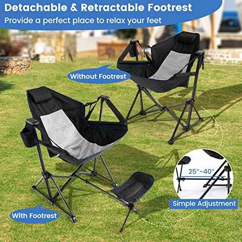 COSTWAY Folding Camping Chair, Portable Beach Chair with Retractable Footrest, Adjustable Back, Cup Holder & Carry Bag, Outdoor Lawn Patio Chair for Camping, Fishing, Hiking (Black, 1 Pack)