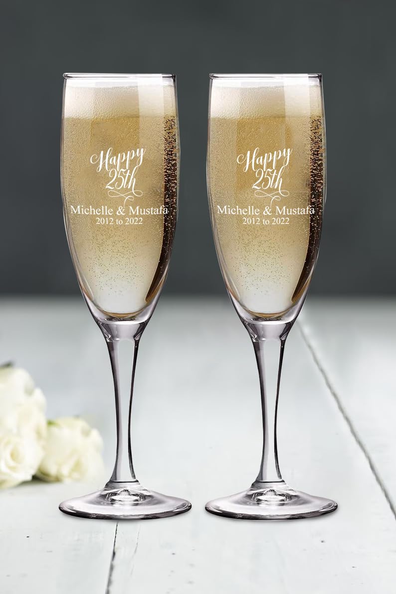Krezy Case 25th Anniversary Couple Champagne glasses with Black box, Perfect Anniversary Flutes,Bridal shower Flutes, Wedding party, Bachelorette Party,Anniversary Flutes