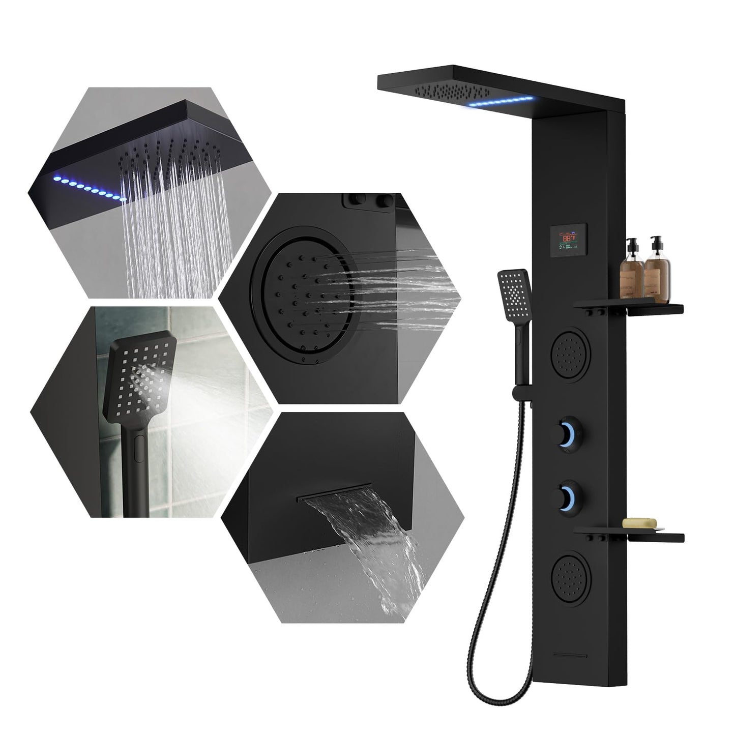 BATHLAVISH 5 in 1 Black Shower Panel Tower System With Storage Shelf, 304 Stainless Steel Shower Tower with Rainfall Shower Handheld and Tub Spout, Powerful Body Jets, Wall-Mounted Shower Set