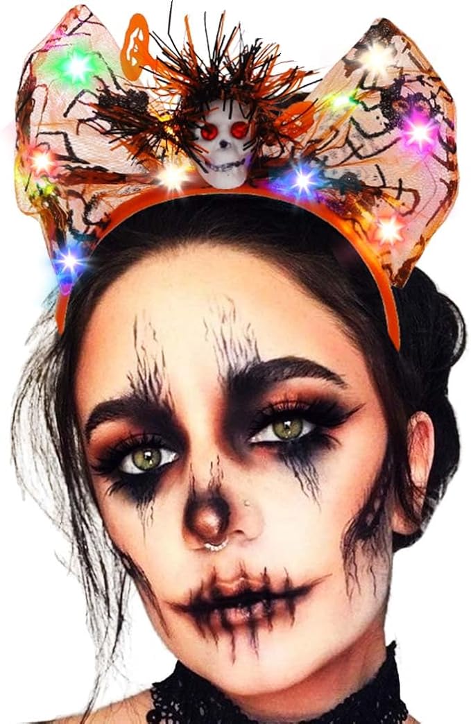 Sinalty Light up Halloween Bow Headbands LED Ghost Head Hairband Glowing Cosplay Hair Accessories for Women