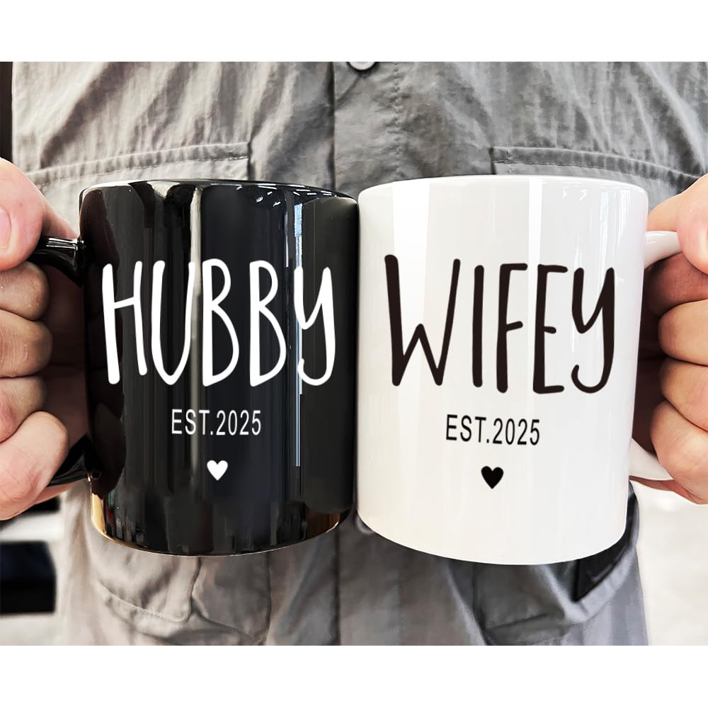 FALJIOK Est 2025 Hubby & Wifey Coffee Mug Set, Wedding Mug Gifts for Couple, Bride Groom Mug Set, Novelty Couples Coffee Mug Set, Mr and Mrs Mugs, Mr & Mrs Bridal Shower Gift, Wedding Gifts