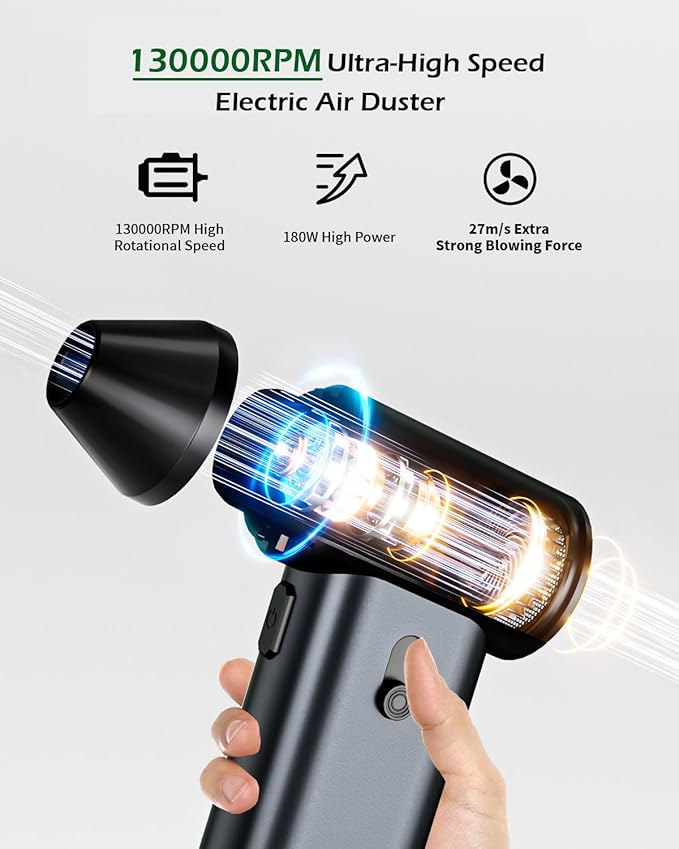 Compressed Air Duster, Electric Air Duster 130000RPM Cordless Rechargeable Motor Portable Blower, Adjustable Mini Blower for Computer, Keyboard, Outdoor, House and Car, Replaces Compressed Air Cans