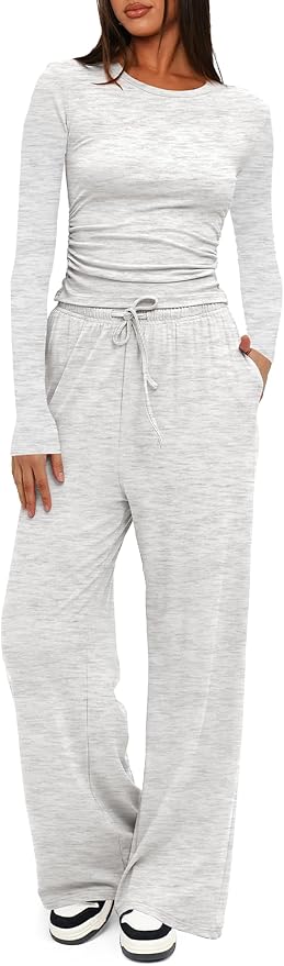 Darong Women's 2 Piece Outfits Lounge Sets 2026 Long Sleeve Tops Wide Leg Pants Casual Matching Set