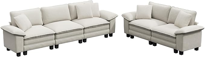 MIXPATIO L-Shaped Cloud Modular Sofa Set with Chaise Lounge, 5-Piece Sectional & Deep Seat, Plush Chenille w/Removable Arms for Living Room - Beige