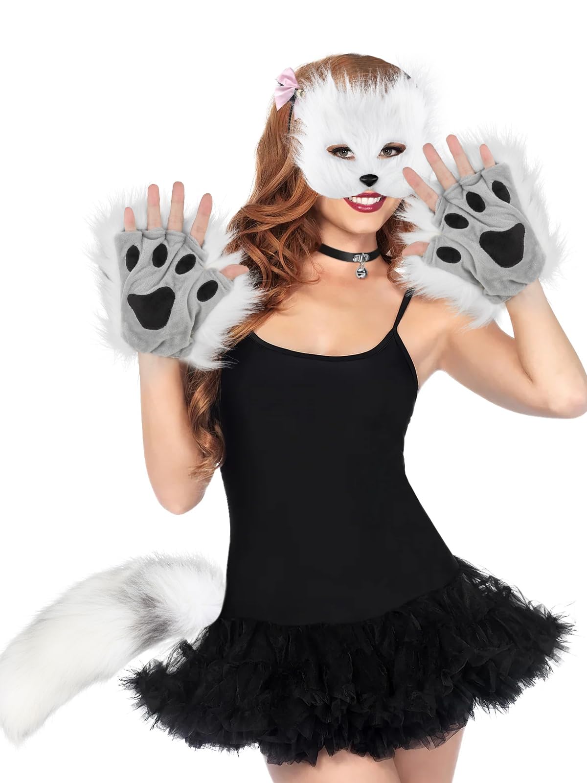 Furry Therian Mask and Fox Tail Gloves Set for Girls, Cat Mask Therian, Wolf Therian Gear, Tharian Costumes (White)