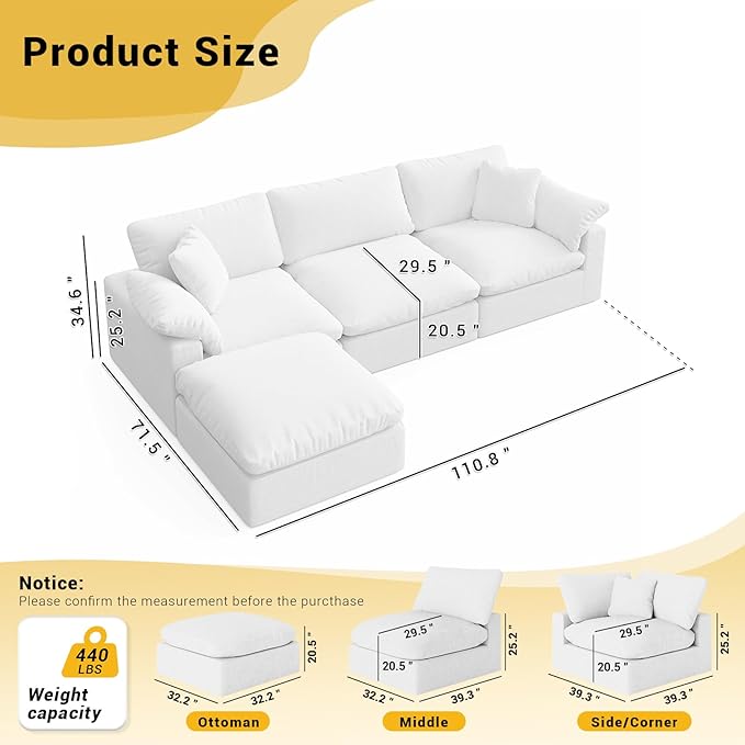 Cloud Modular Couch for Living Room,L Shape Linen Blend Sofas,Modern Deep Seat Cloud Sofas,Convertible Comfort Down Filled Sectional Couches,Removable Washable Cushion Covers,White