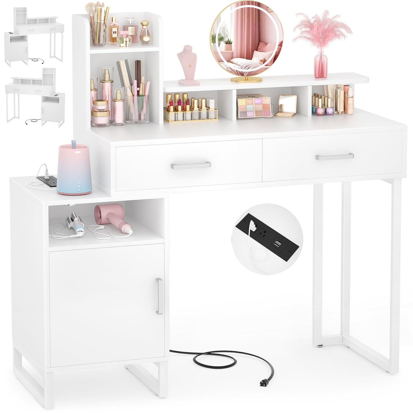 Besiost Vanity Desk, Small Vanity Desk with Power Outlet, Makeup Desk with Drawers and Cabinets, Vanity Set with Storage Shelves for Bedroom, No Mirror, White