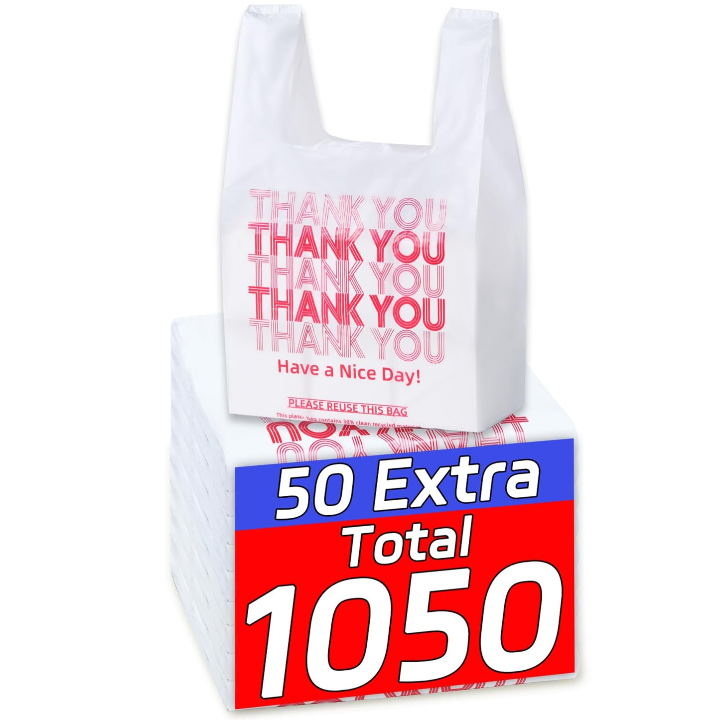 YovhVon 1050 Count Plastic Bags with Handles, T-Shirt bags, Thank You bags, Grocery bag, Shopping bag, |for Store, Supermarket, Retail, Carry, Pack|, White, 1/6 Barrel, Large Size 11"x6"x21"
