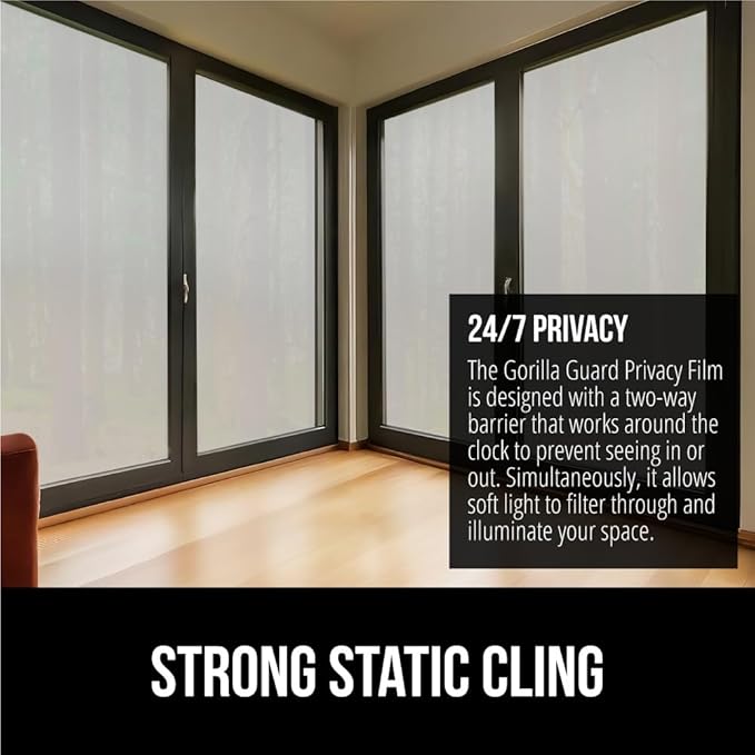 Gorilla Guard Window Privacy Film, Removable Two Way Sun Blocking, 17.5 x 118.1 Inch, Reusable No Residue Stickers, Strong Static Clings to Glass Windows, Decorative Bathroom Door Coverings, Frosted