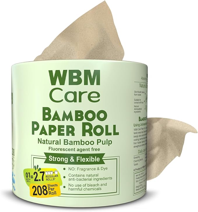 WBM Care Bamboo Paper Towels, Strong & Flexible 3-Ply, Designed for Sensitive Skin, Tree-Free, All-Natural & Healthy Bath Toilet Tissues, 200 Sheets, 20 Rolls