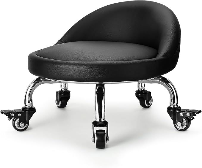 LWADALN Rolling Stool with Backrest Low Height Rolling Stool with PU Leather, Roller Stool Chair, Roller Seats for Home, Office, Garage, Shop, Library