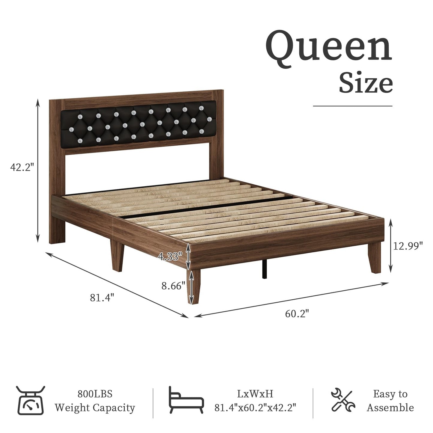 Queen Size Bed Frame, Wooden Platform Bed with Diamond Tufted Headboard, PU Upholstered Bed Frame, Wood Slat Support, No Box Spring Needed, Easy Assembly, Walnut