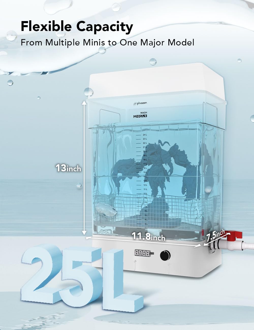 phrozen Wash Mega S 3D Printer Resin Washing Station, Dual Speed 25L Capacity, Large Washing Container, Washing Size L12.99xW7.48xH11.81 inch