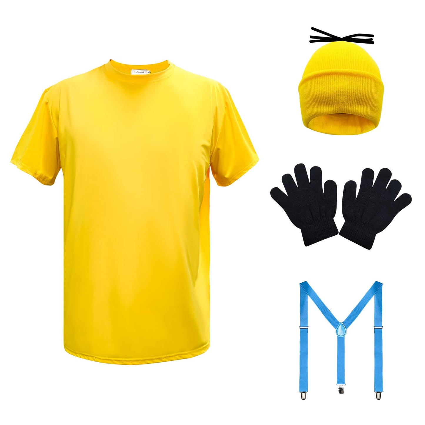 ATAMET 5 Pcs Halloween Costume Accessories Adults-T-shirt/Yellow Beanie hat/Goggles/Gloves/Suspenders Dress Up for Halloween (Yellow, XX-Large)