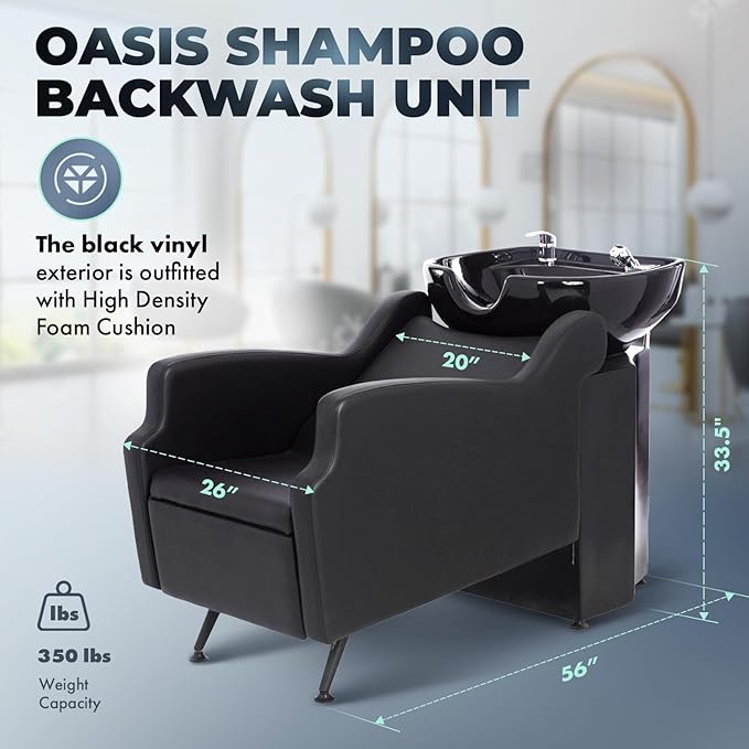Buy-Rite Oasis Shampoo Backwash Station for Salons - All-Black Chair & Extra-Large Bowl Combo, Single Lever Hot/Cold Faucet, Lumbar Support, Vacuum Breaker, 56"x20"x33.5", TS-8076-BLK
