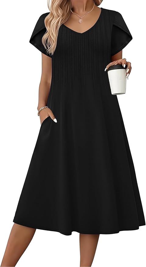 Zeagoo Women Midi Dresses for Summer 2026 Short Sleeve Casual Flowy Dress A Line Pleated V Neck Beach Sundress with Pockets