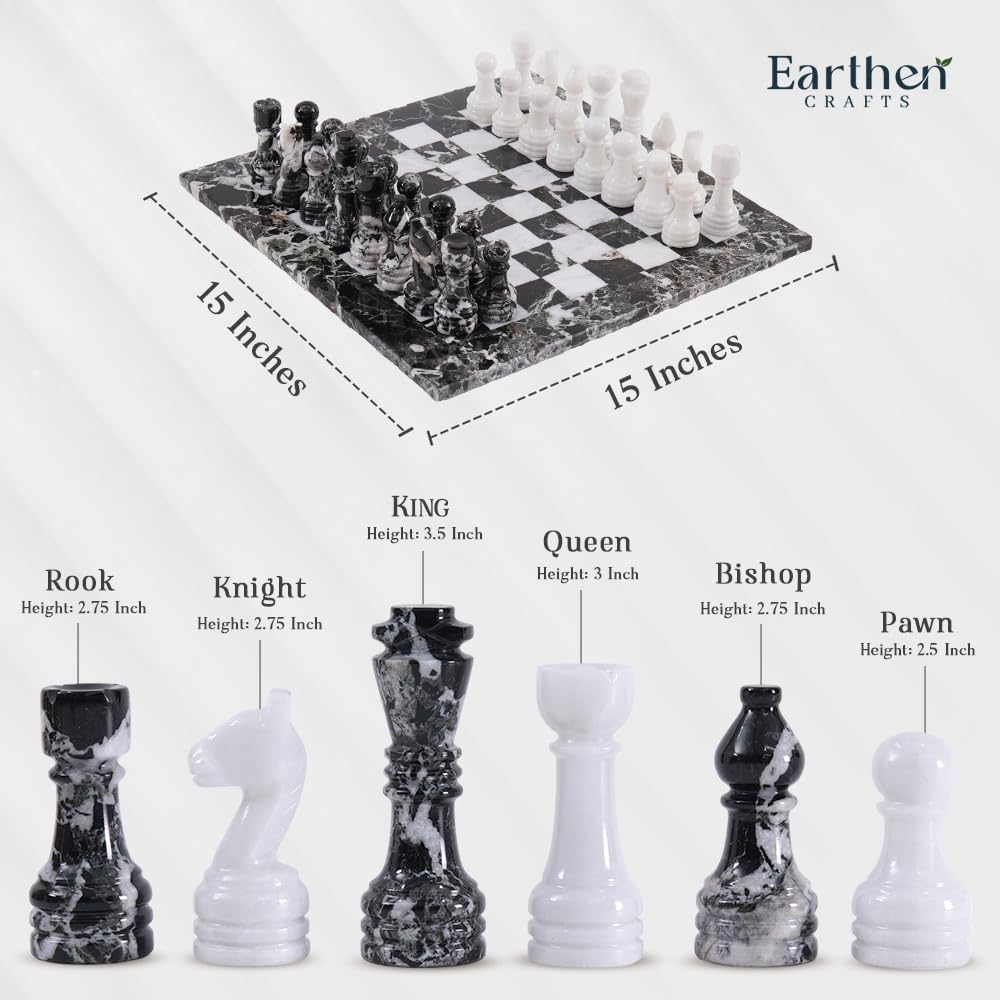 Earthen Crafts Marble Chess Set Black & White 15" Inch with Storage Box for Tournament Beginners and Professional Players, Ideal Board Game Set with Chess Pieces for All Ages