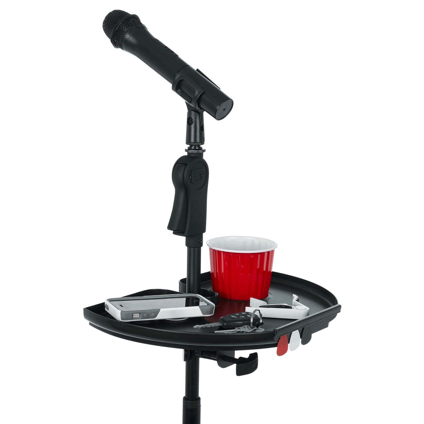 Gator FrameworksCases Clamp-On Microphone Stand Accessory Drink Holder and Guitar Pick Tab, Extra Large Tray, 14 x 9 (GFW-MICACC