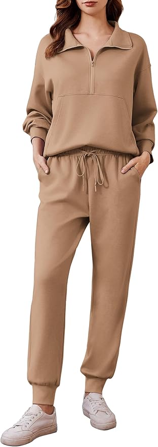 PINSPARK 2 Piece Sets for Women 2025 Fall Travel Outfits Long Sleeve Tracksuit Joggers Sets Half Zip Sweatsuit Matching Set