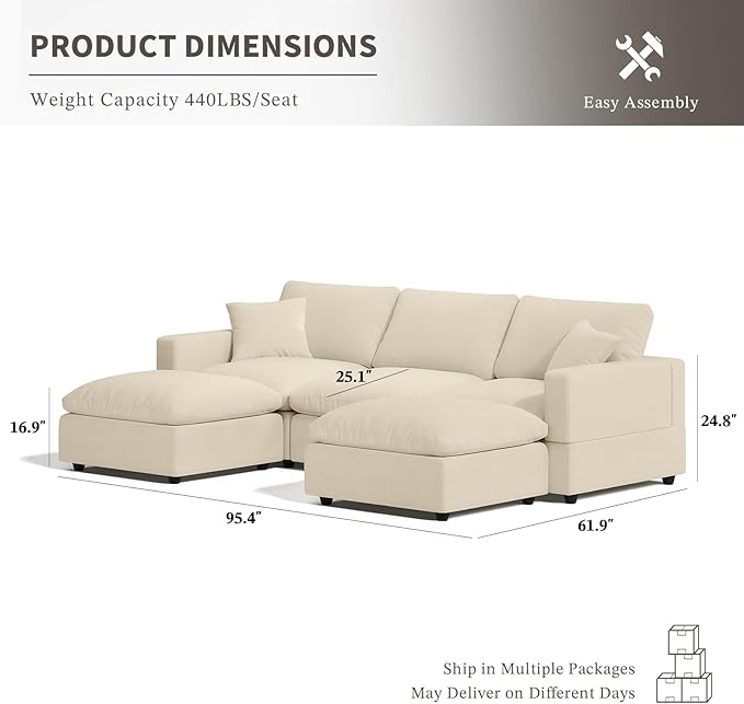 Cloud Couch Modular Sectional Sofa, 95.4" 5-Seater U Shaped Sectional Couches for Living Room, Convertible Cloud Sofa with Ottoman, Down Filled Wide & Deep Seat, Removable Washable Cushion Covers
