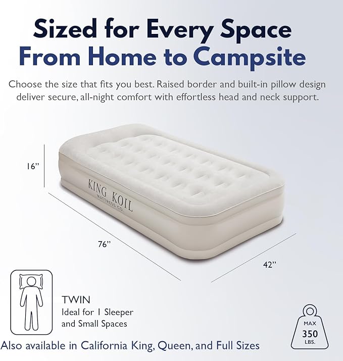 King Koil Luxury Twin Air Mattress with Built-in High Speed Pump for Camping, Home & Guests - 16" Twin Size Double High Airbed Luxury Inflatable Blow Up Mattress Waterproof
