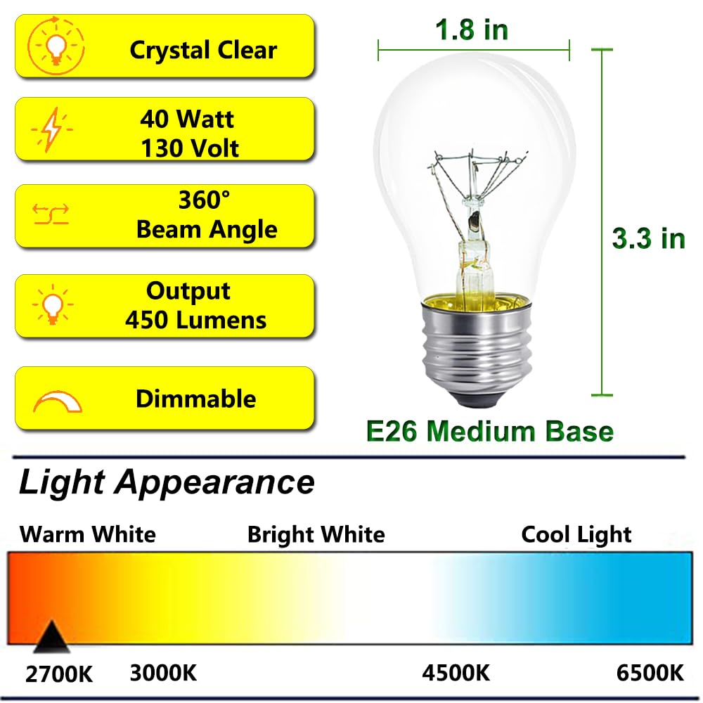 Lava Lamp Bulb 40W E26 Medium Base 120V A15 Appliance Oven Light Bulb for 16.3" Lava Lamp,Microwave Oven, Refrigerator, Over Stove Range Hood,High Temperature 300 Degrees Resistant,Warm White,4 Pack