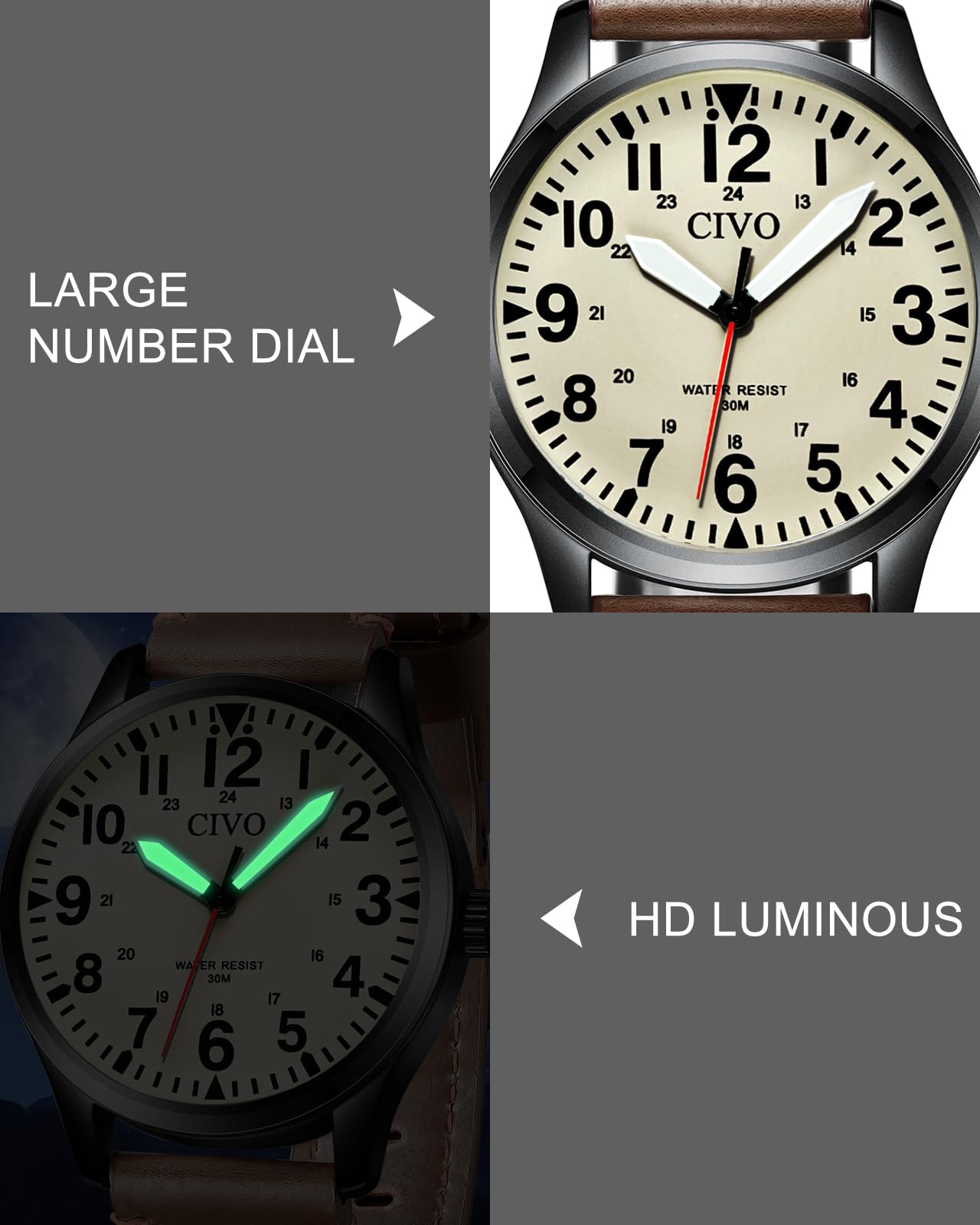 CIVO Analog Wrist Watches for Men: Leather Mens Watches Casual Design, Easy to Read, Waterproof