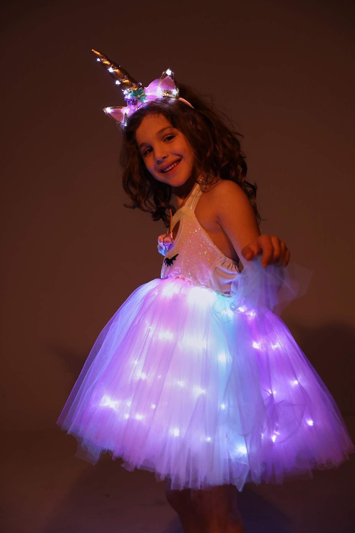 Viyorshop Girls Unicorn Costume LED Light Up Tutu Dress Up Birthday Gifts Princess Dress for Halloween Party(Sequins, 5-6 Years)