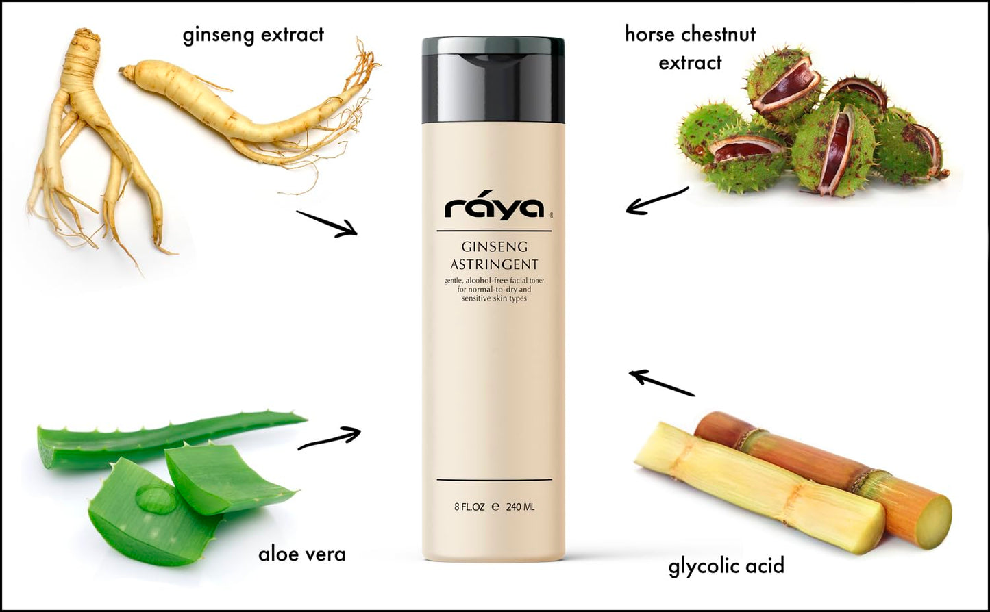 RAYA Ginseng Astringent with AHA 6 oz (G-205) | Gentle Glycolic Facial Toner for Dry and Sensitive Skin | Helps Tighten Pores, S