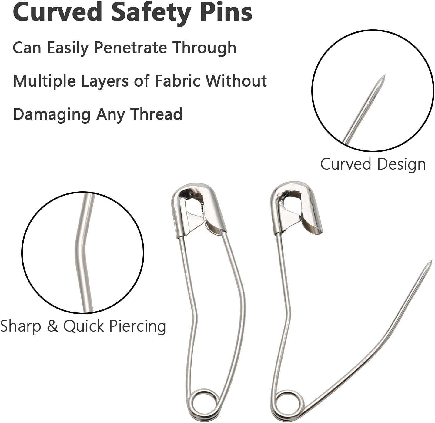 60Pcs Curved Safety Pins Size 4, 2-1/4 inch / 57mm Quilting Basting Pins, Bent Safety Pins for Quilting and Knitting (Sliver)