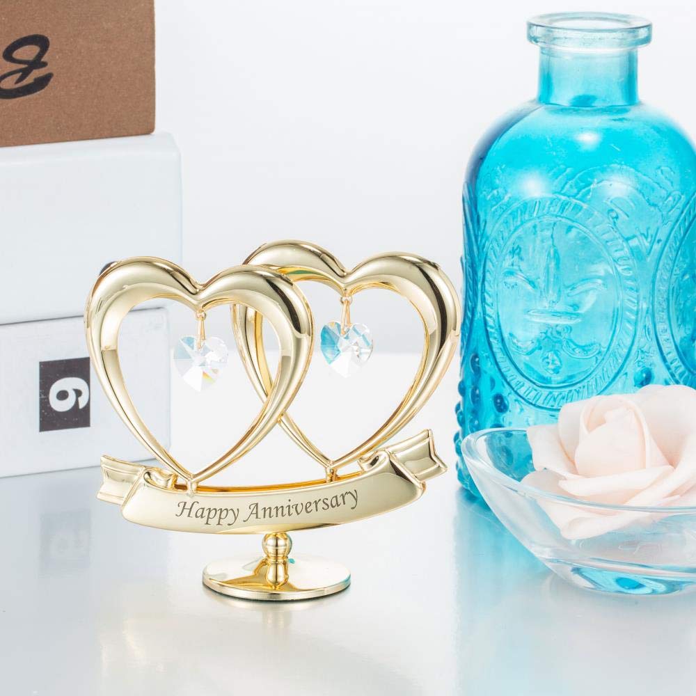 Matashi 24K Gold Plated Anniversary Heart Sculpture with Crystals – Double Heart Statue - Perfect Christmas and Holiday Gift and Premium Quality Cake Topper