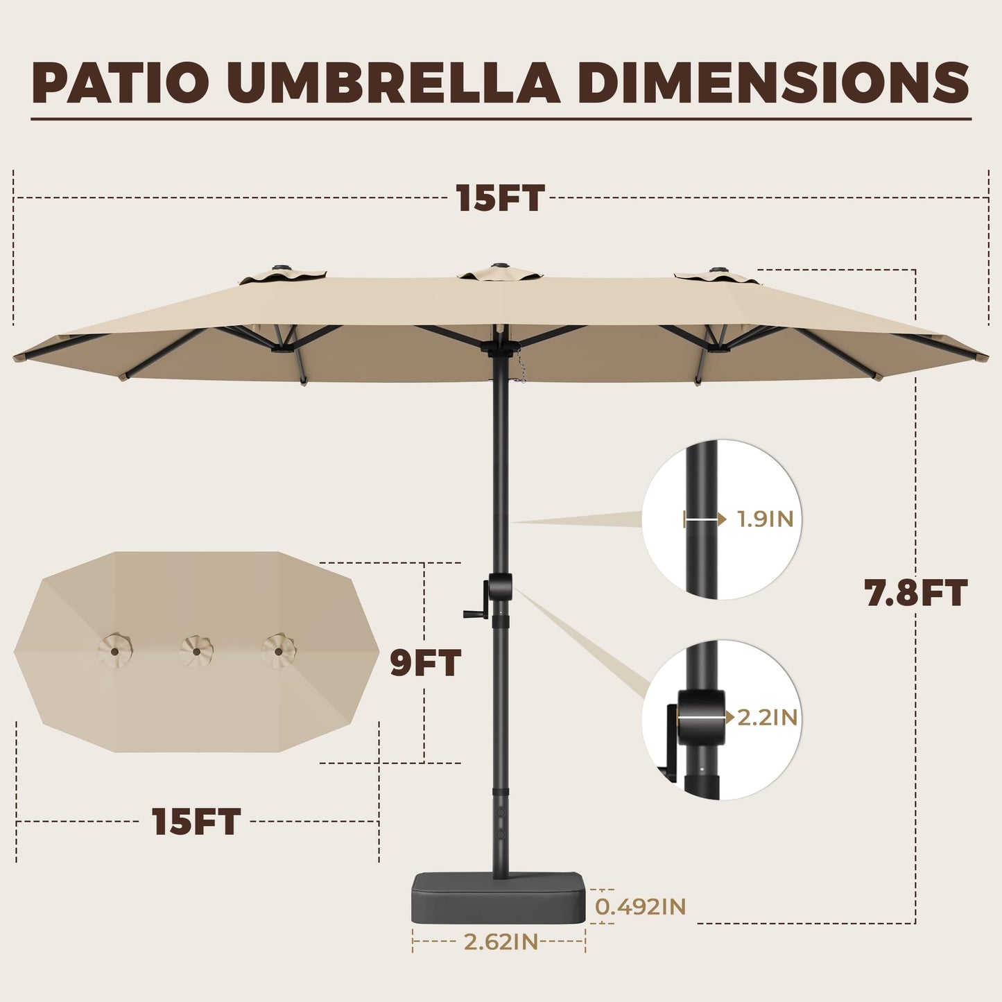 GDPFN 15FT Large Patio Umbrella with Base Included, Outdoor Deck Standing Umbrella with Crank Handle, Double-Side Rectangular Pool Umbrella for Outside, Market, Patio, Beige