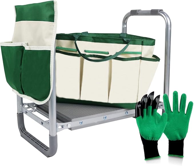 BDL Garden Kneeler Seat Foldable Durable Garden Stool with Tool Bag Pouch and Garden Gloves 330lb Capacity-Protects Your Knees, Clothes from Dirt & Grass Stains