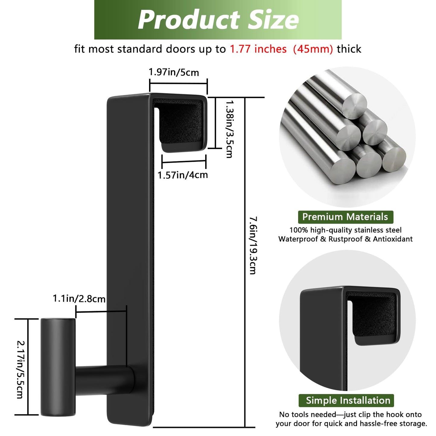 VINHOLD Heavy Duty Stainless Steel Over-Door Hook for Coats, Totes, Towels – Easy Install Door Hooks with Non-Slip Pads for Bedroom Bathroom Entryway Office (Black, 2 Pack, Fits 1-3/4" Thick Door)