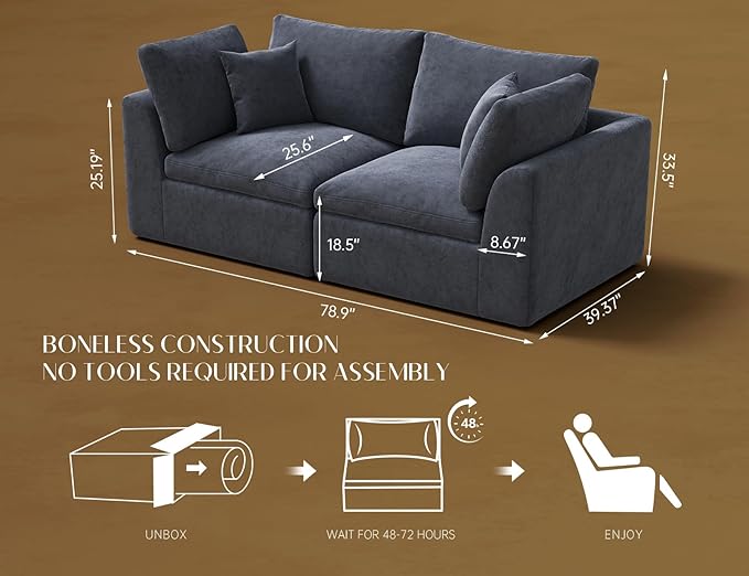 ohllob 78.9" Loveseat Sofa, Cloud Boneless Couches for Living Room, Modern Modular Sectional Sofa, Oversized, Grey