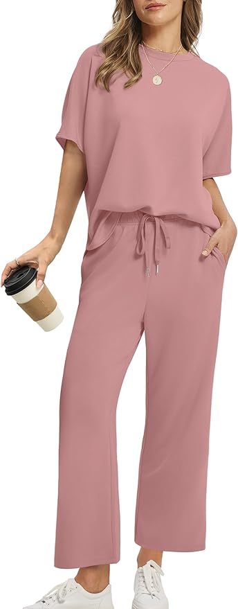 Sampeel Two Piece Sets for Women Summer Outfits Oversized Wide Leg Crop Pants Lounge Sets Airport Beach Vacation Clothes