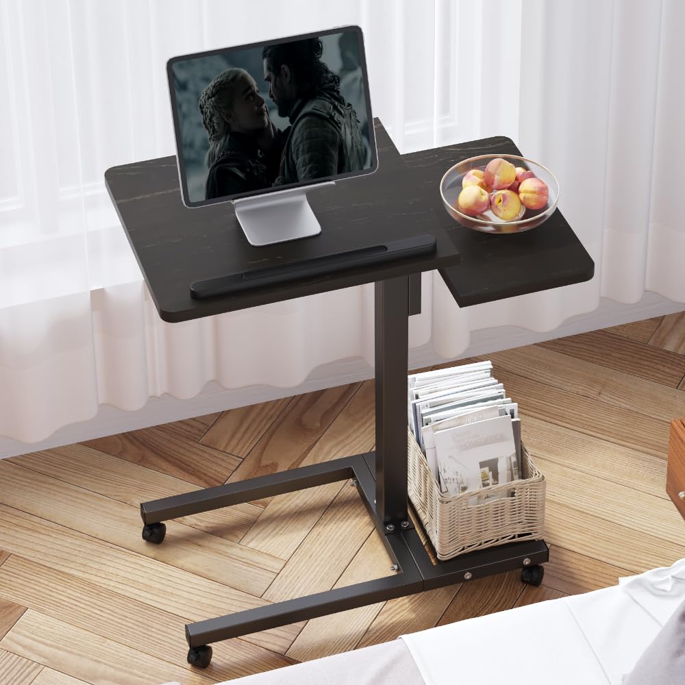 Laptop Desk Stand for Bed Portable Desk Overbed Bedside Table Mobile Rolling Foldable Table Adjustable Height with Locked Wheels & Mouse Pad Office Sofa