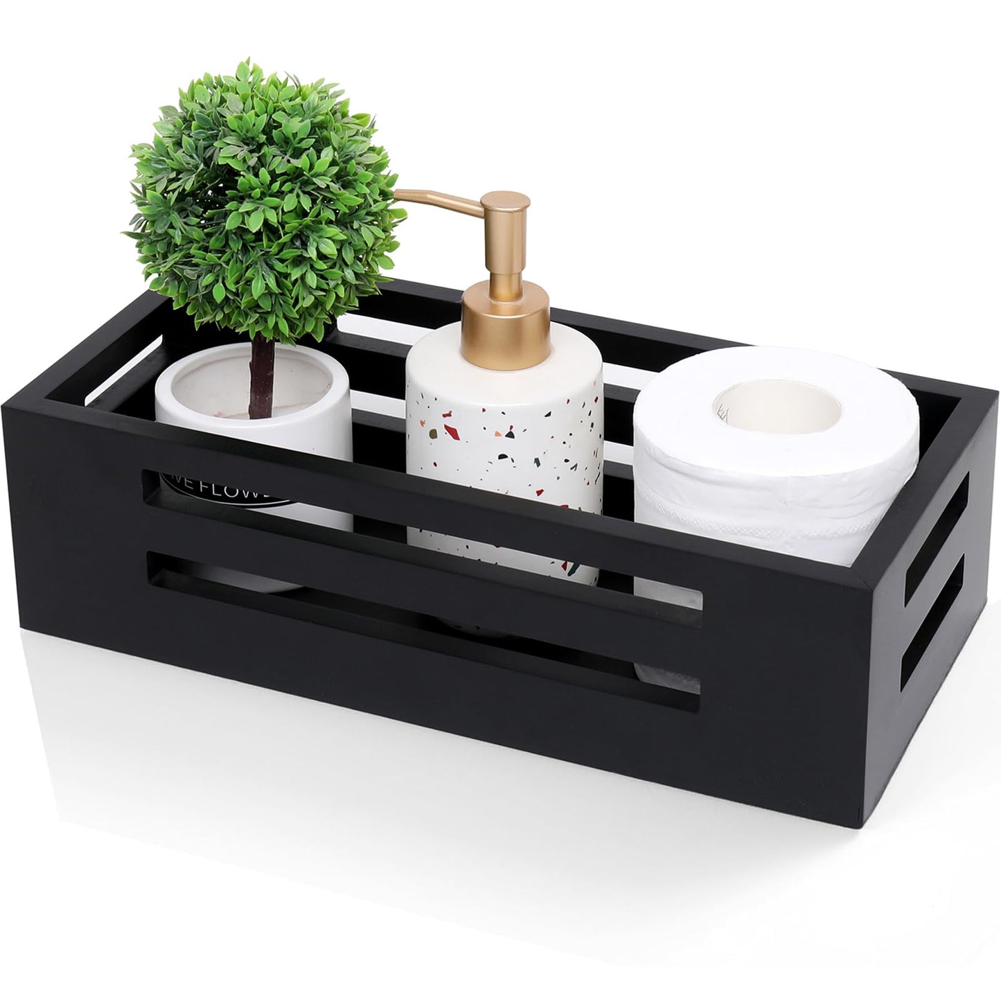 Black Decor Box Wooden Toilet Tank Paper Basket with Handles for Organizing,Bathroom Decor Box for Toilet Paper Storage