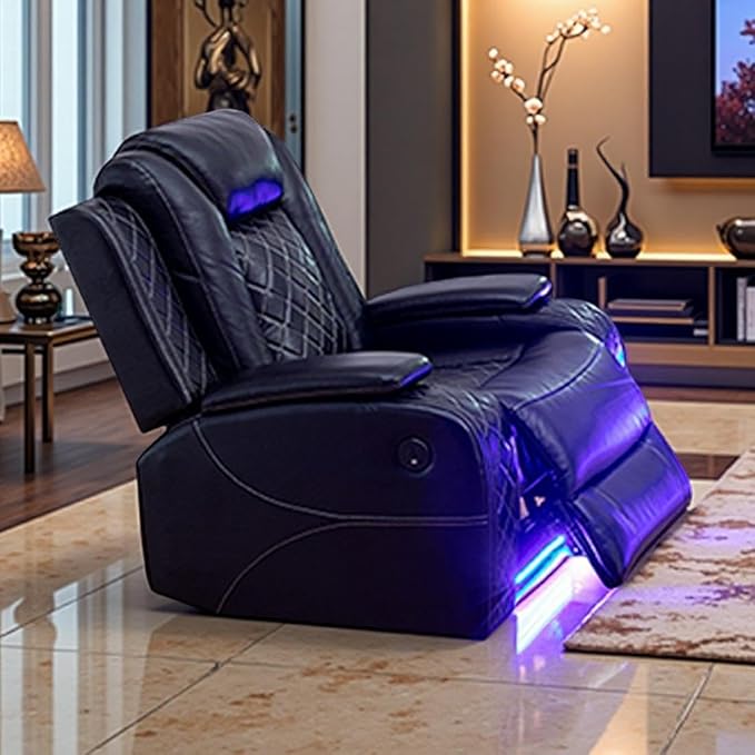 Toseslo Power Leather Recliner Chair Set with LED Light, Black Leather Reclining Set, Living Room Furniture Sets, Modern Power Recliner Sets for Living Room/RV/Apartment(Black)